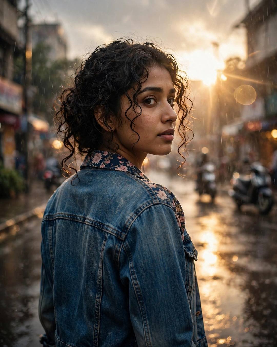 Young Indian woman with curly hair in denim jacket over floral dress, looking over her shoulder on a rain-soaked street at golden hour
