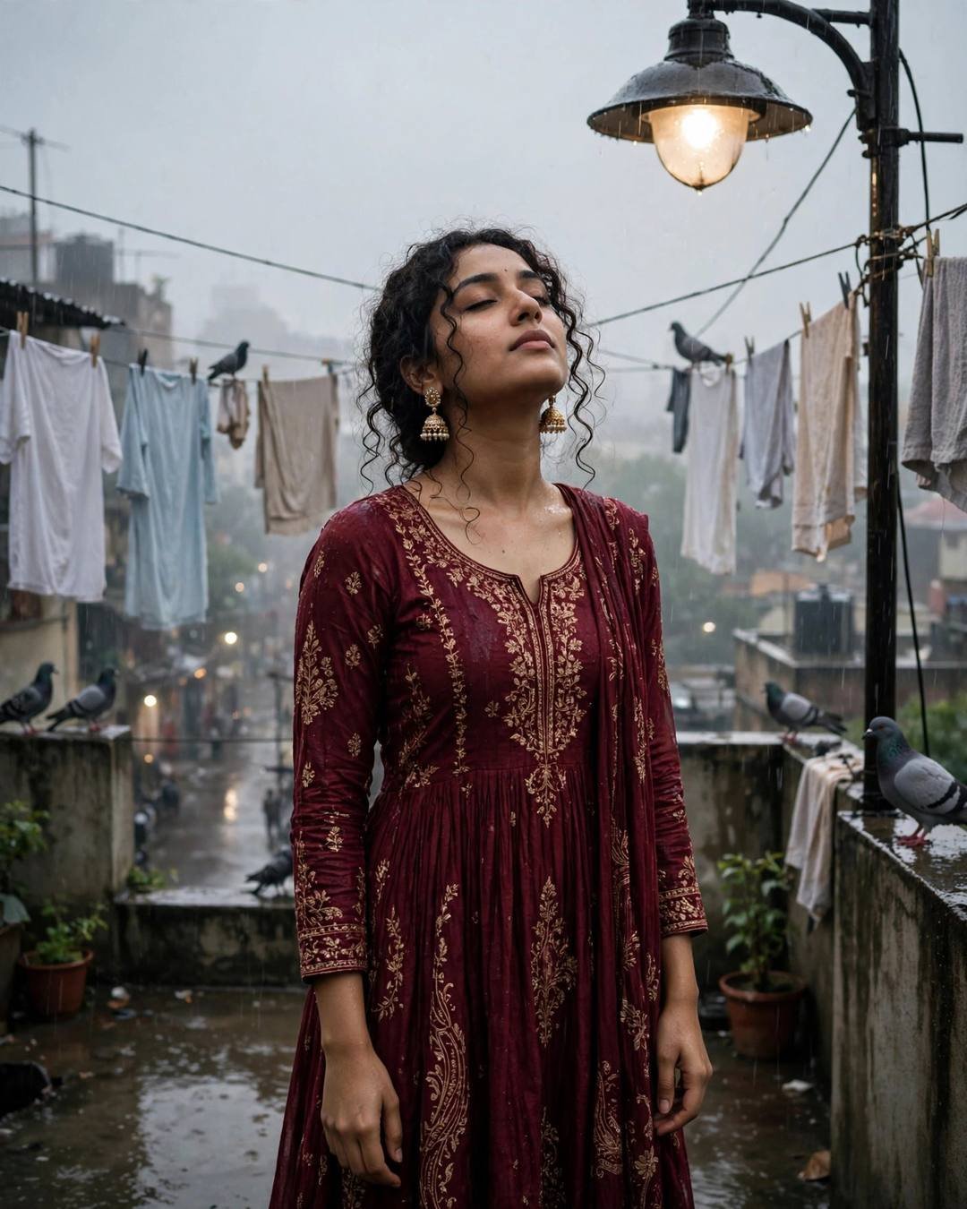 Young Indian woman in maroon anarkali with jhumkas standing under a streetlamp in the rain on a terrace, face lifted to the sky