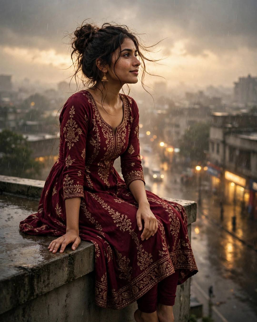 Young Indian woman in maroon anarkali sitting on a rooftop ledge with legs dangling, rain-washed city glowing below at golden hour