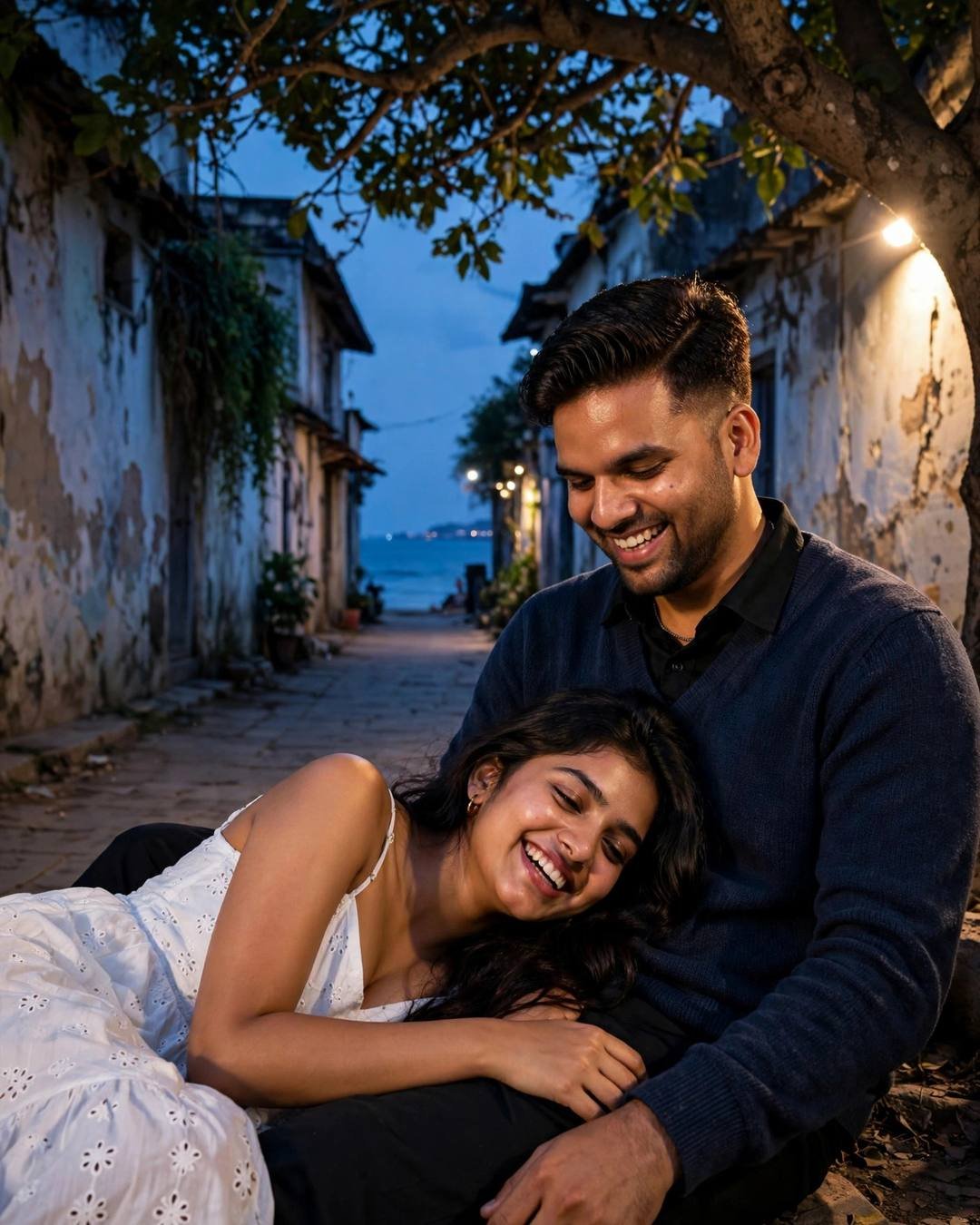 Couple laughing in narrow old-city lane at blue hour, her head resting in his lap