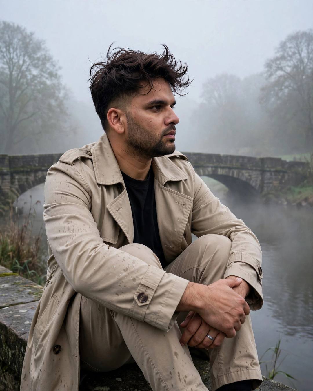 Young man in beige trench coat sitting with knees drawn up on foggy stone bridge
