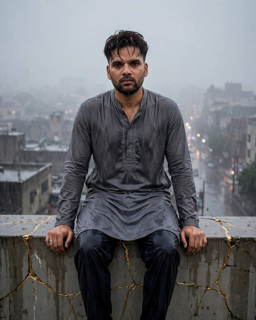 Man in grey kurta sitting on a rooftop ledge with golden kintsugi cracks, foggy rain-soaked street below