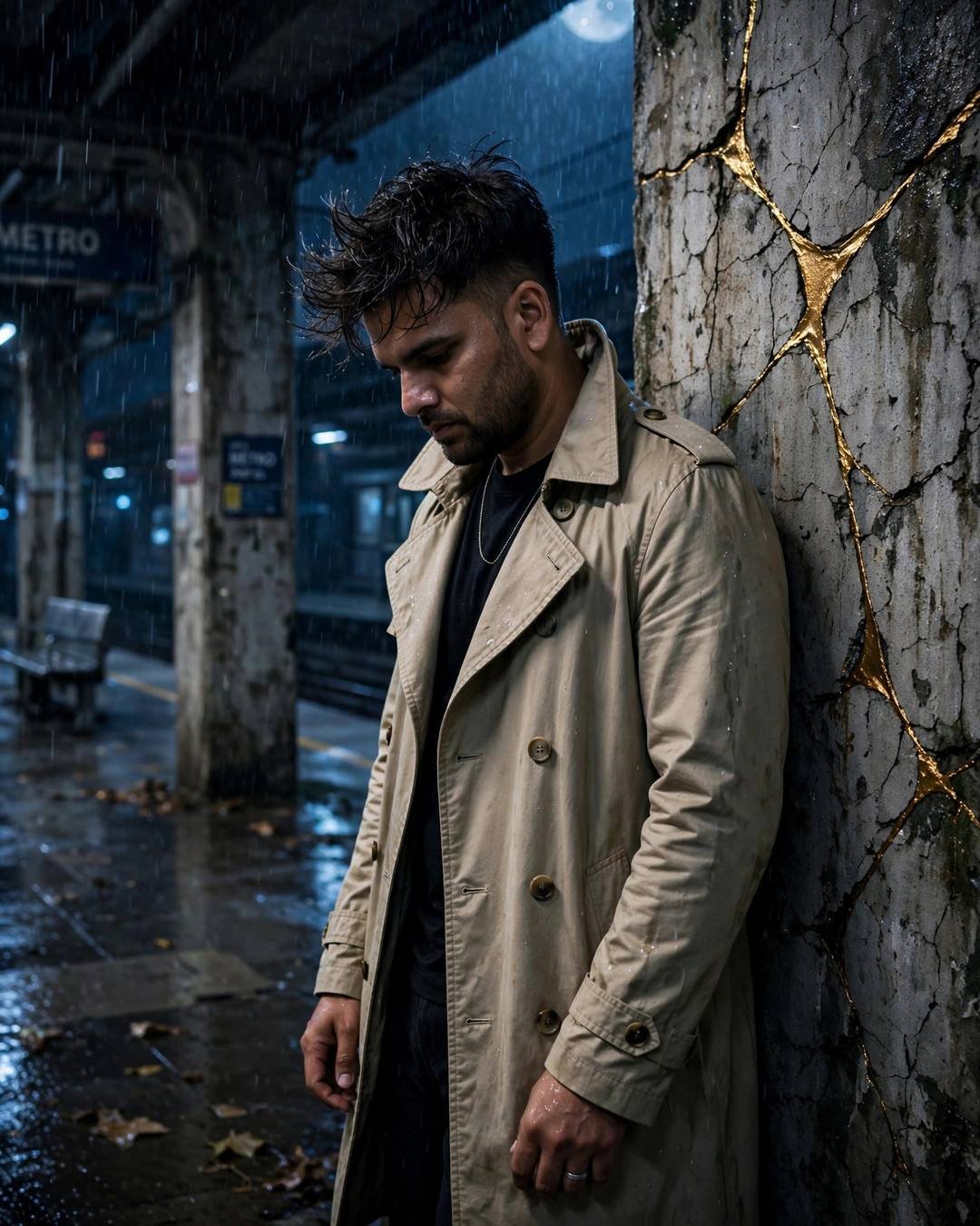 Man in beige trench coat leaning against a cracked pillar with golden veins at a midnight metro station