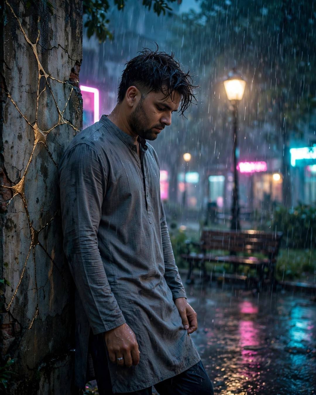 Man in grey kurta leaning against a neon-lit wall with golden cracks in heavy monsoon rain, lamp behind