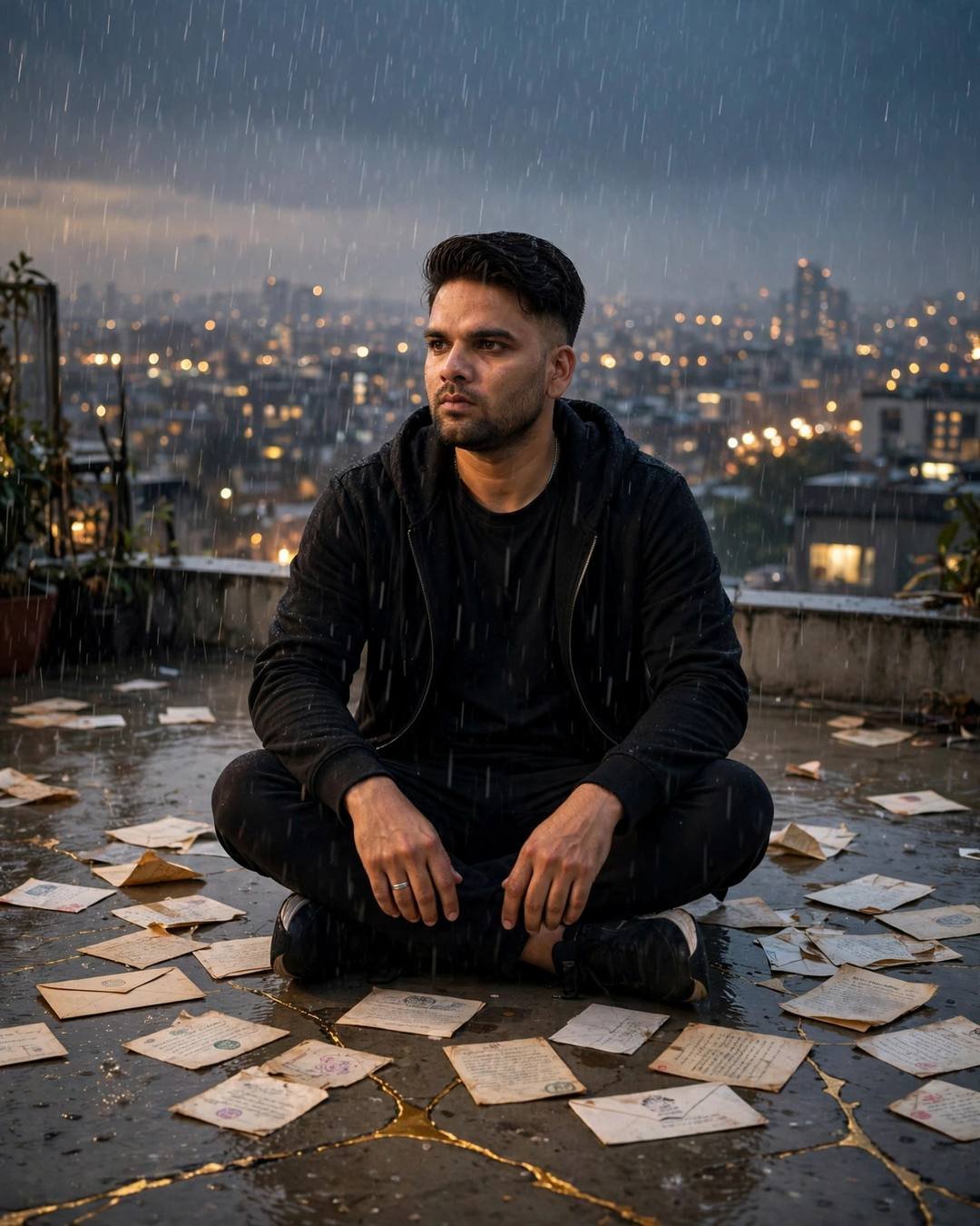 Man in black streetwear sitting cross-legged on a rainy rooftop among old letters, golden cracks in concrete, city lights below