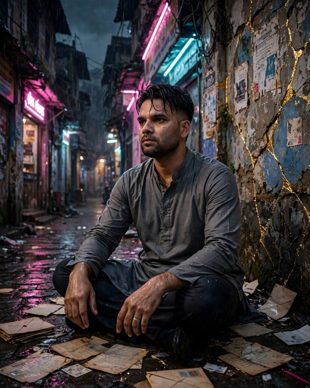 Man in grey kurta sitting cross-legged among old letters in a neon-lit old-city lane, golden cracks in peeling walls
