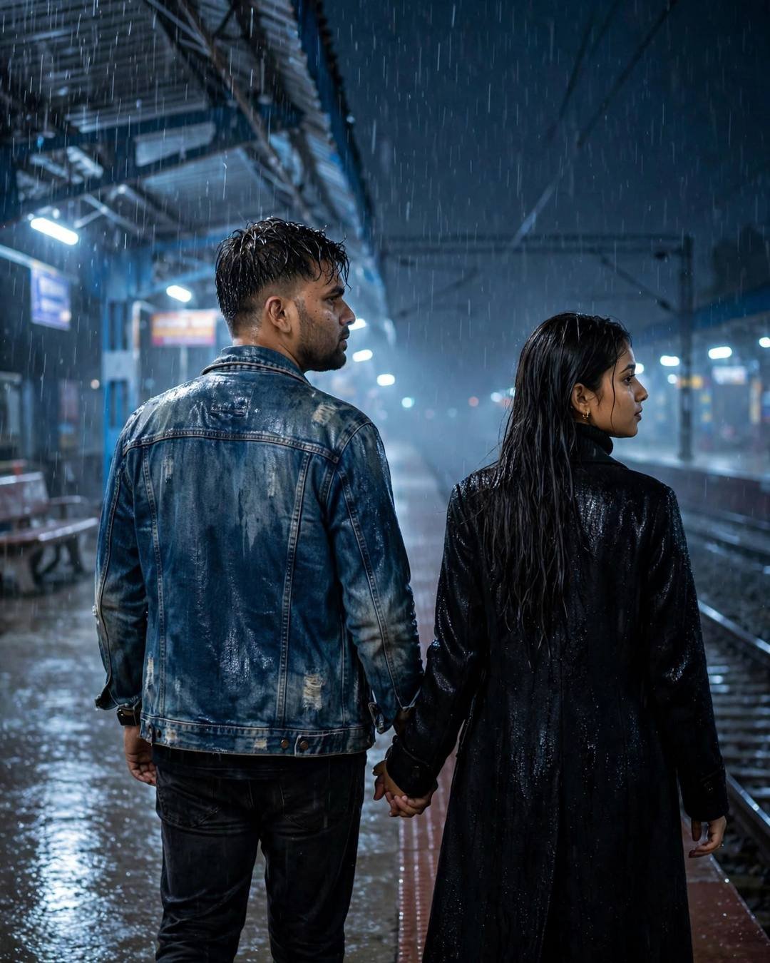 Young Indian couple walking hand in hand away into rain on an empty midnight railway platform — he in denim jacket, she in black coat