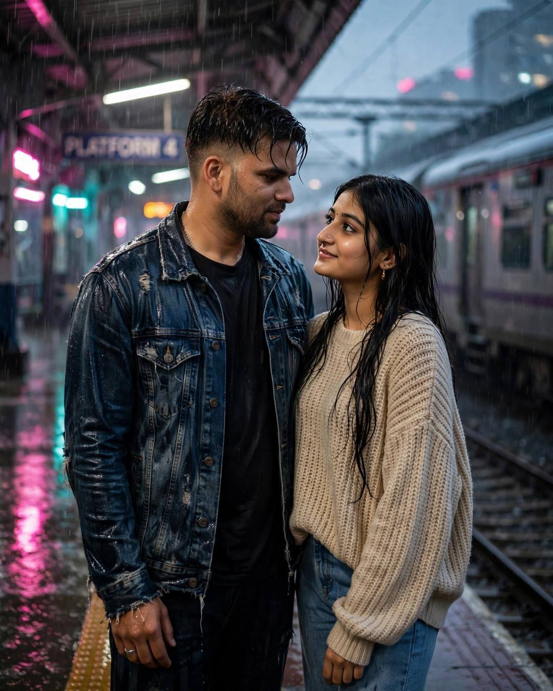 Young Indian couple exchanging glances on a neon-lit railway platform at night — he in wet denim jacket, she in beige sweater