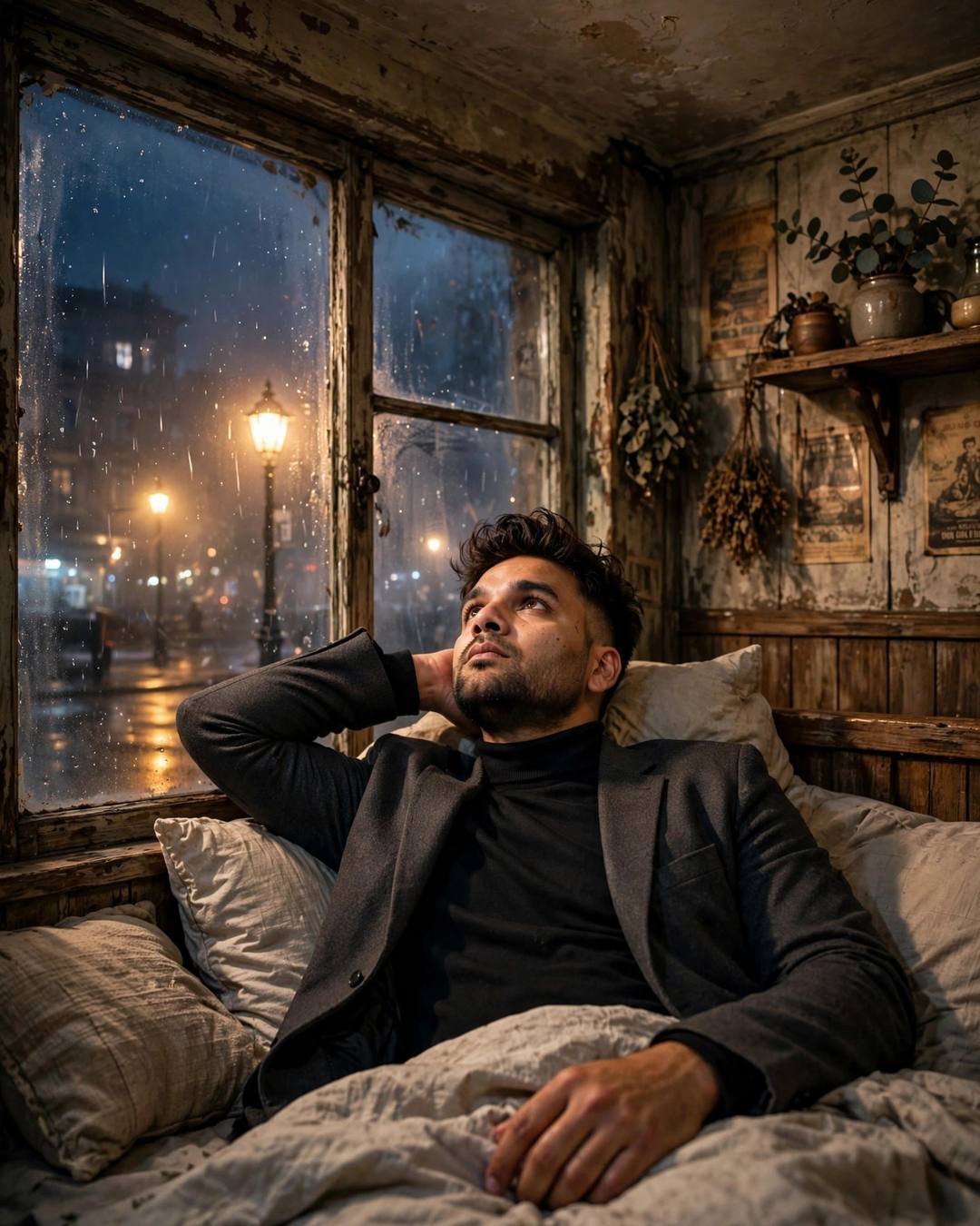Young man in charcoal blazer lying awake on a bed by a rain-fogged café window at night