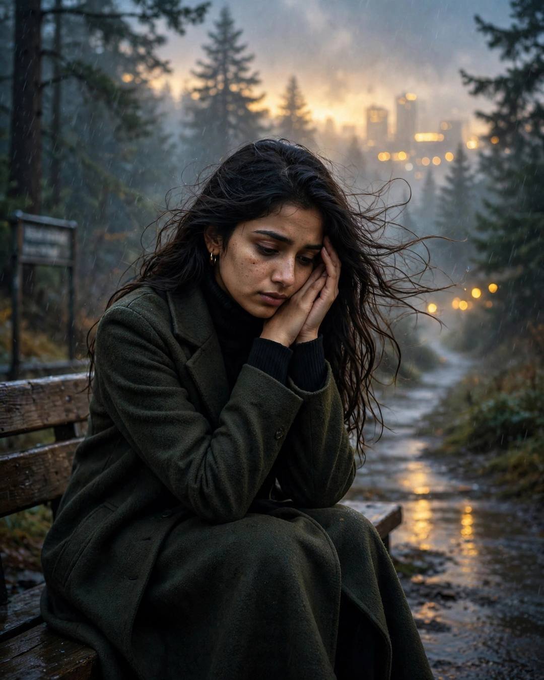 Young woman in black turtleneck sitting on a forest bench with head in her hands, mist and golden light around