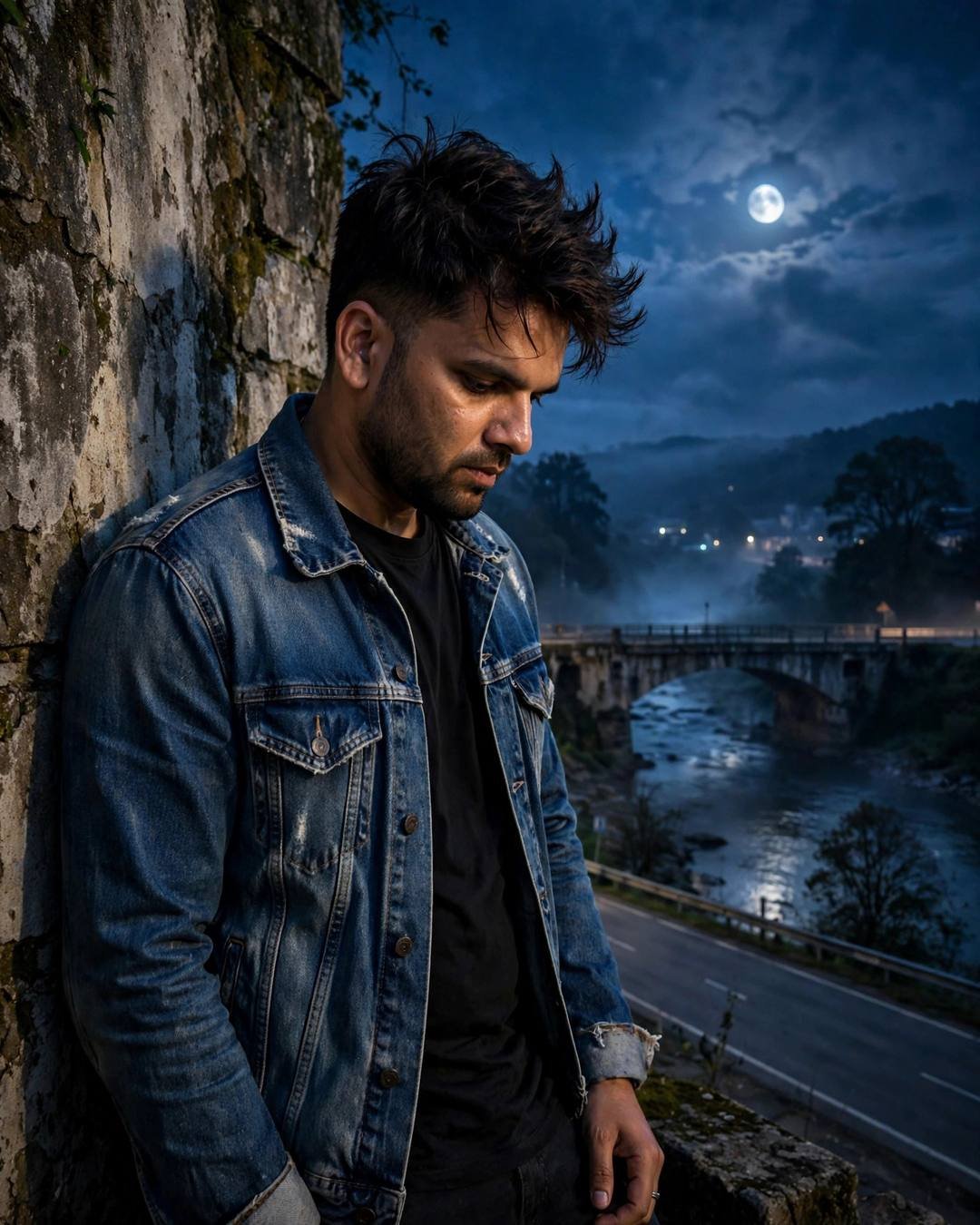 Young man in denim jacket leaning against weathered wall by moonlit river bridge at night