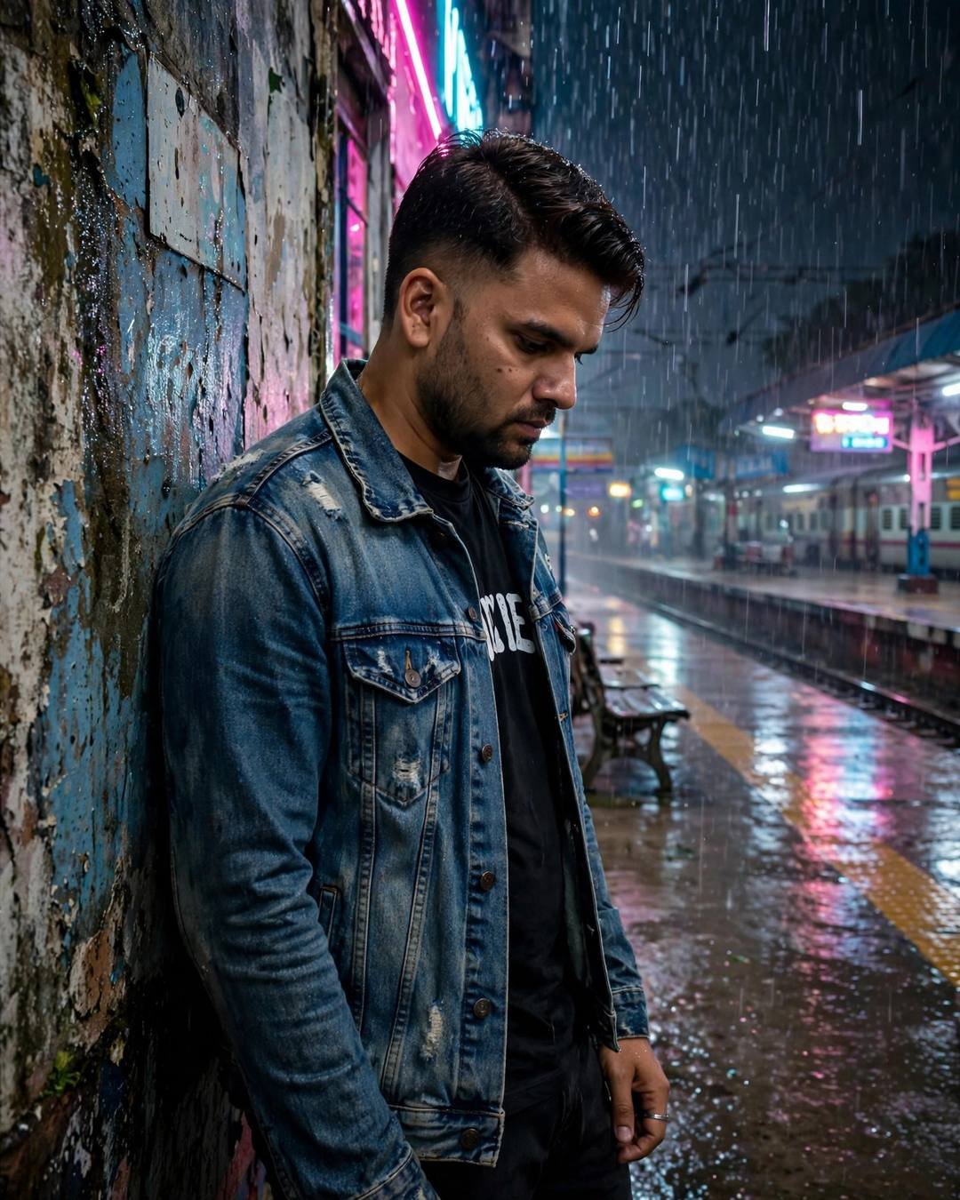 Man in denim jacket leaning against a weathered wall at a rainy railway platform at night, neon pink and cyan light