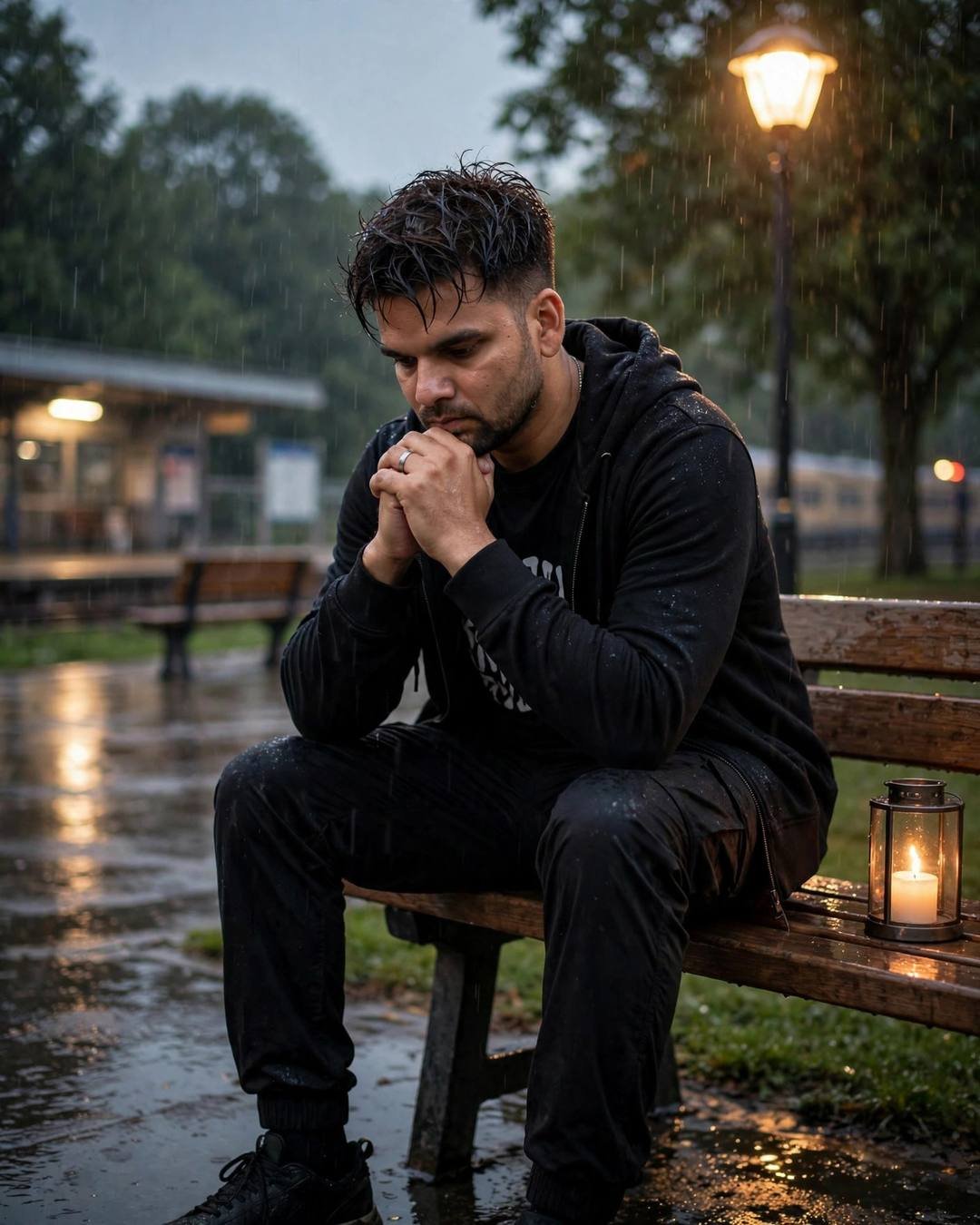 Man in black streetwear sitting on a park bench with hands clasped, candle lantern glowing beside him in drizzle