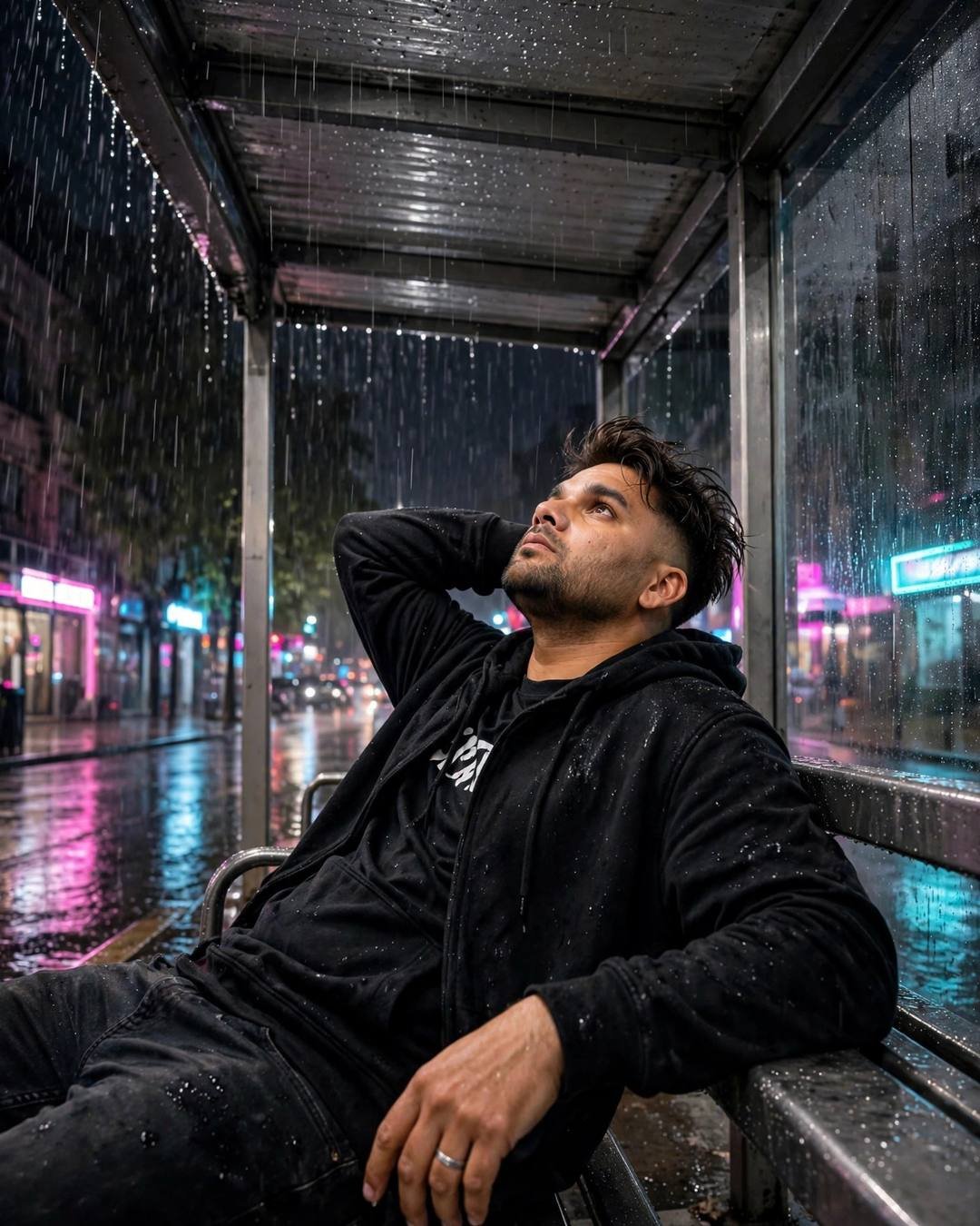 Man in black hoodie reclining on a bus stop bench at midnight, neon pink and cyan reflections in puddles