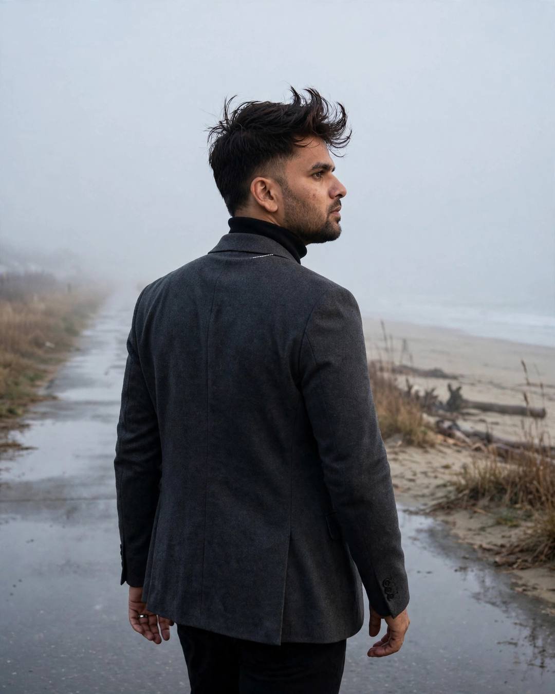 Man in charcoal blazer walking away down a foggy beach path at dusk, pale light through mist