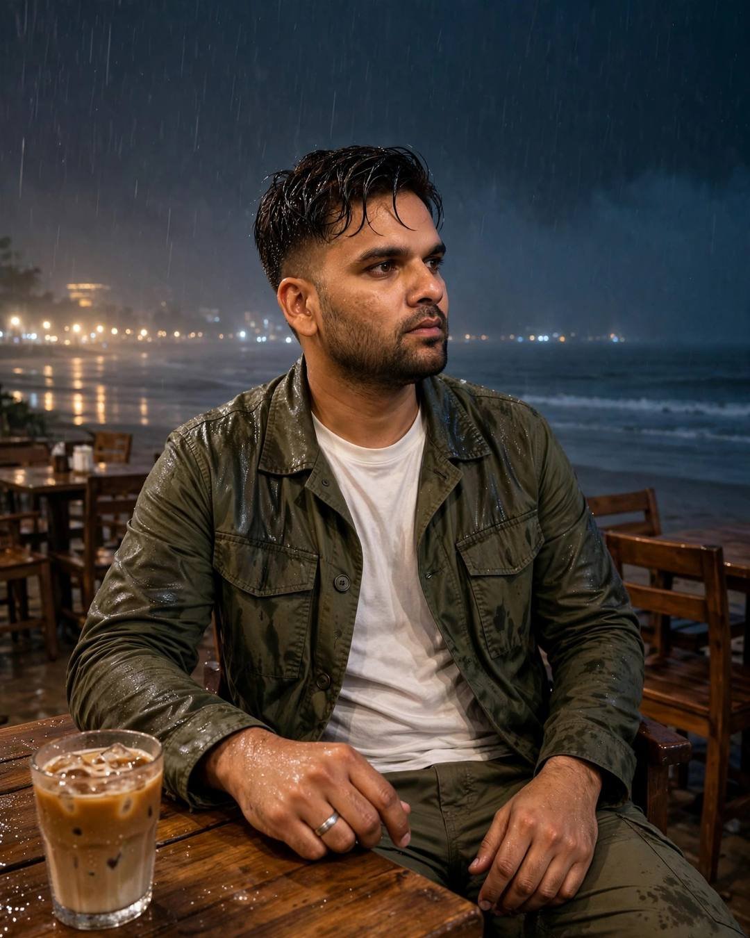 Man in olive field jacket sitting at a beachside cafe table at midnight with iced coffee, city lights across the water