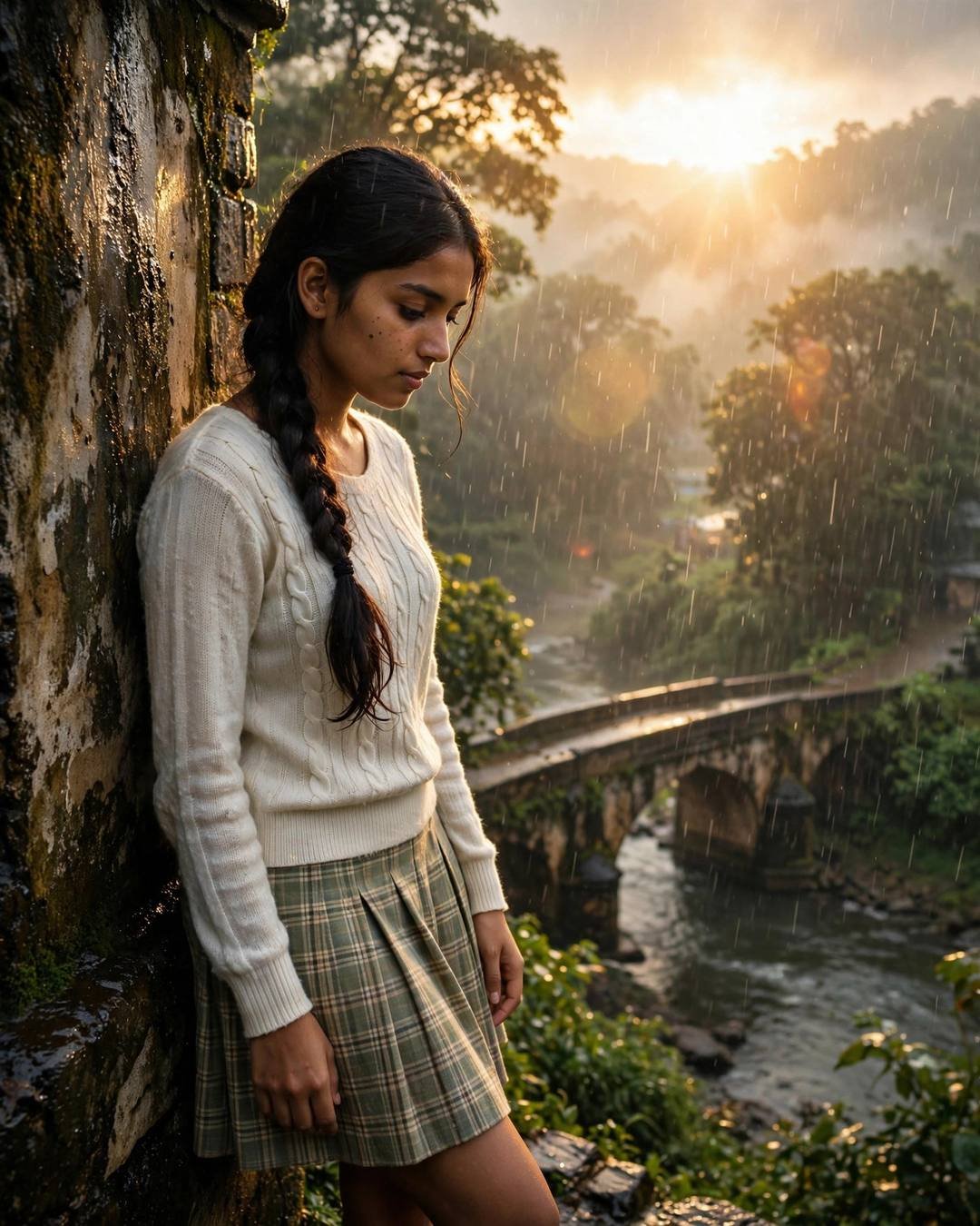 Young woman in cream knit top leaning against a stone wall by a rainy river bridge at dawn, golden backlight