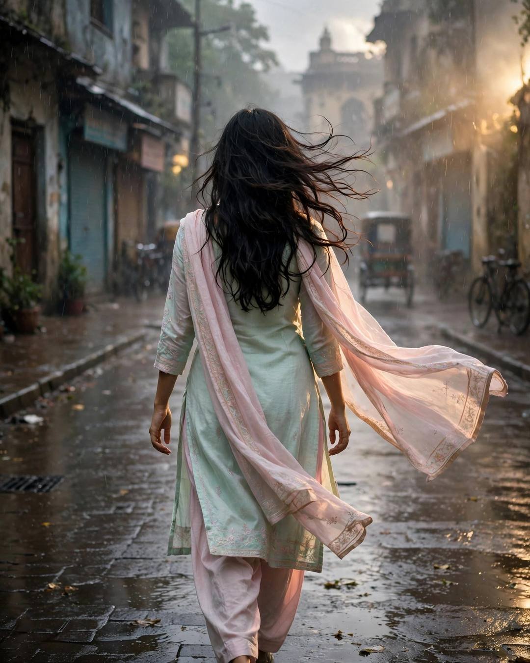 Woman in pastel salwar-kameez walking away down a rainy old-city street, dupatta flying in the wind