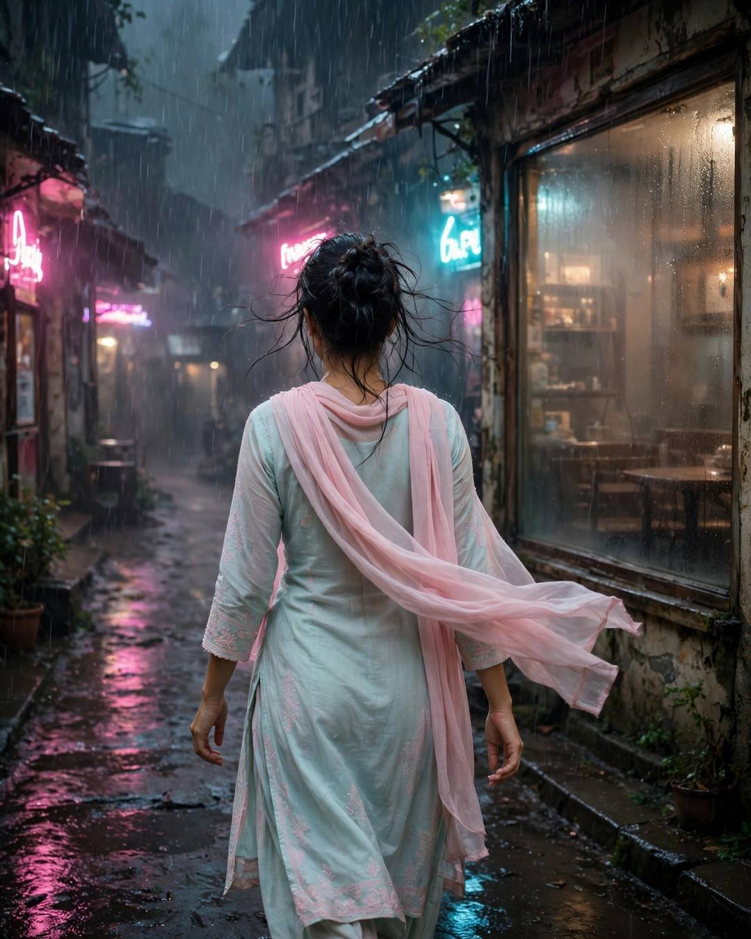 Woman in pastel salwar-kameez walking away down a neon-lit rainy lane at midnight toward a fogged cafe window