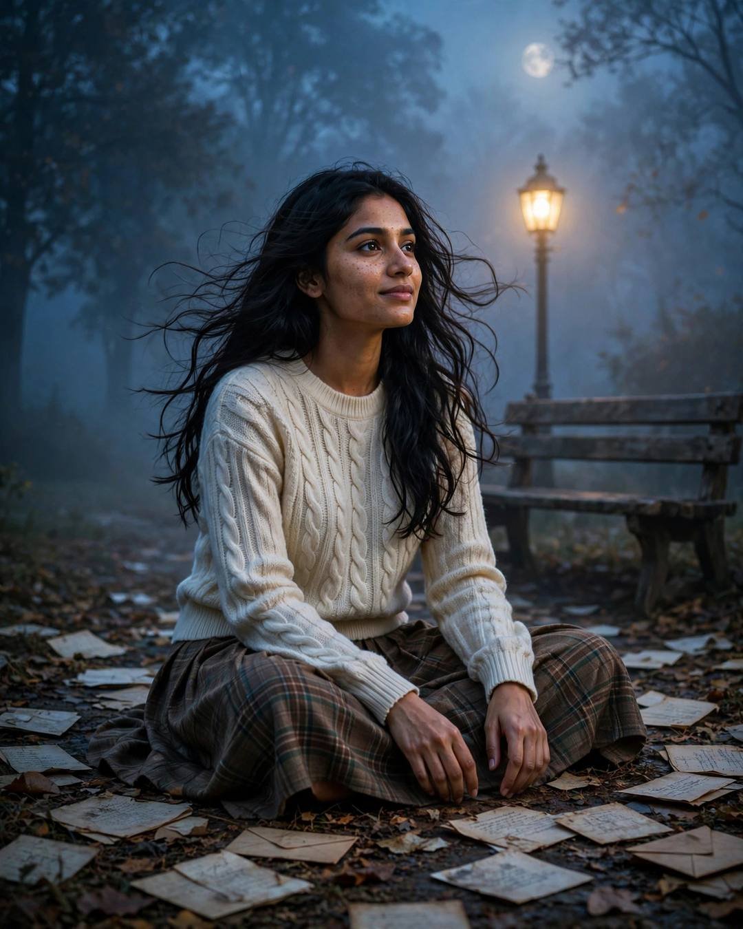 Young woman in cream knit top sitting cross-legged among old letters in moonlit fog, park bench and lamp behind