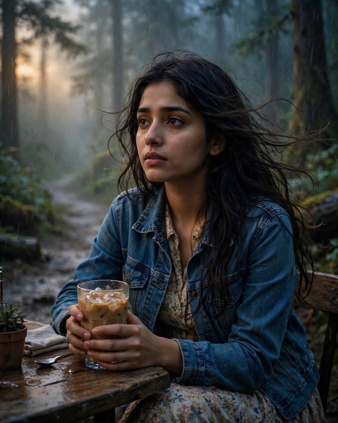 Young woman in denim jacket cradling a cold coffee at a forest cafe table, mist and golden light around