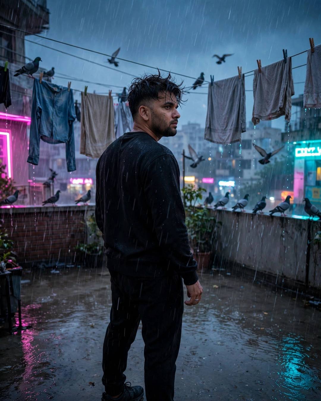 Young Indian man in black looking over his shoulder on a rain-soaked terrace with neon pink and cyan glow and pigeons