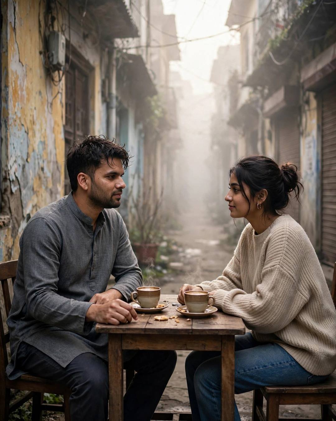 Couple at a small table in a foggy old-city lane at dawn, grey kurta and beige sweater, two steaming coffees between them