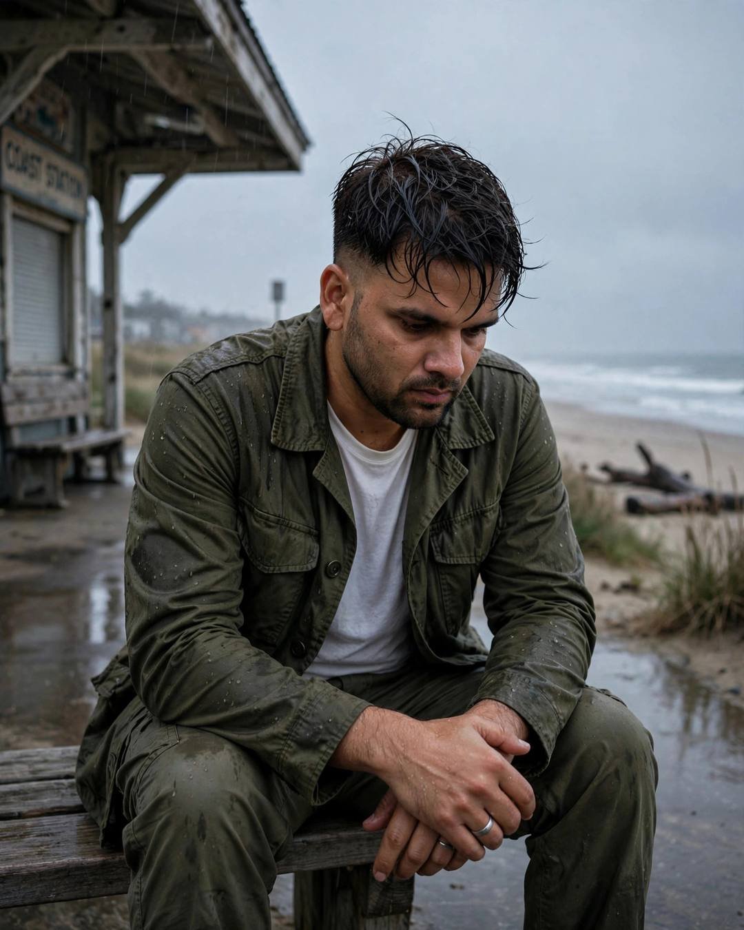 Man in olive field jacket sitting on a beach shelter bench with head bowed, rain beading on his shoulders