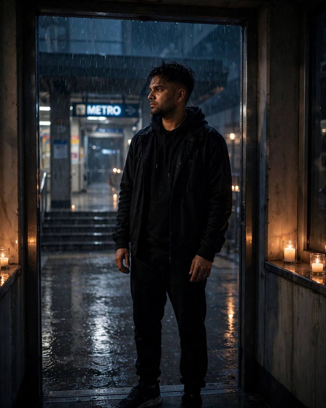 Man in all-black streetwear standing in a metro station doorway at night, candles burning, rain beyond