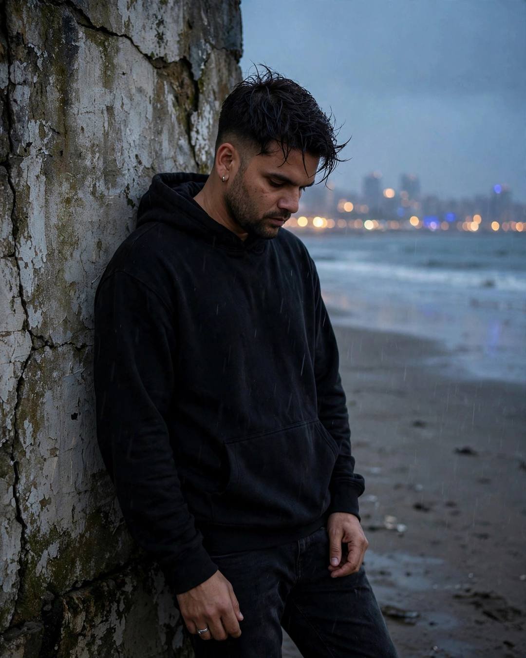 Man in black hoodie leaning against a weathered wall at a rainy beach at dusk, city lights across the water