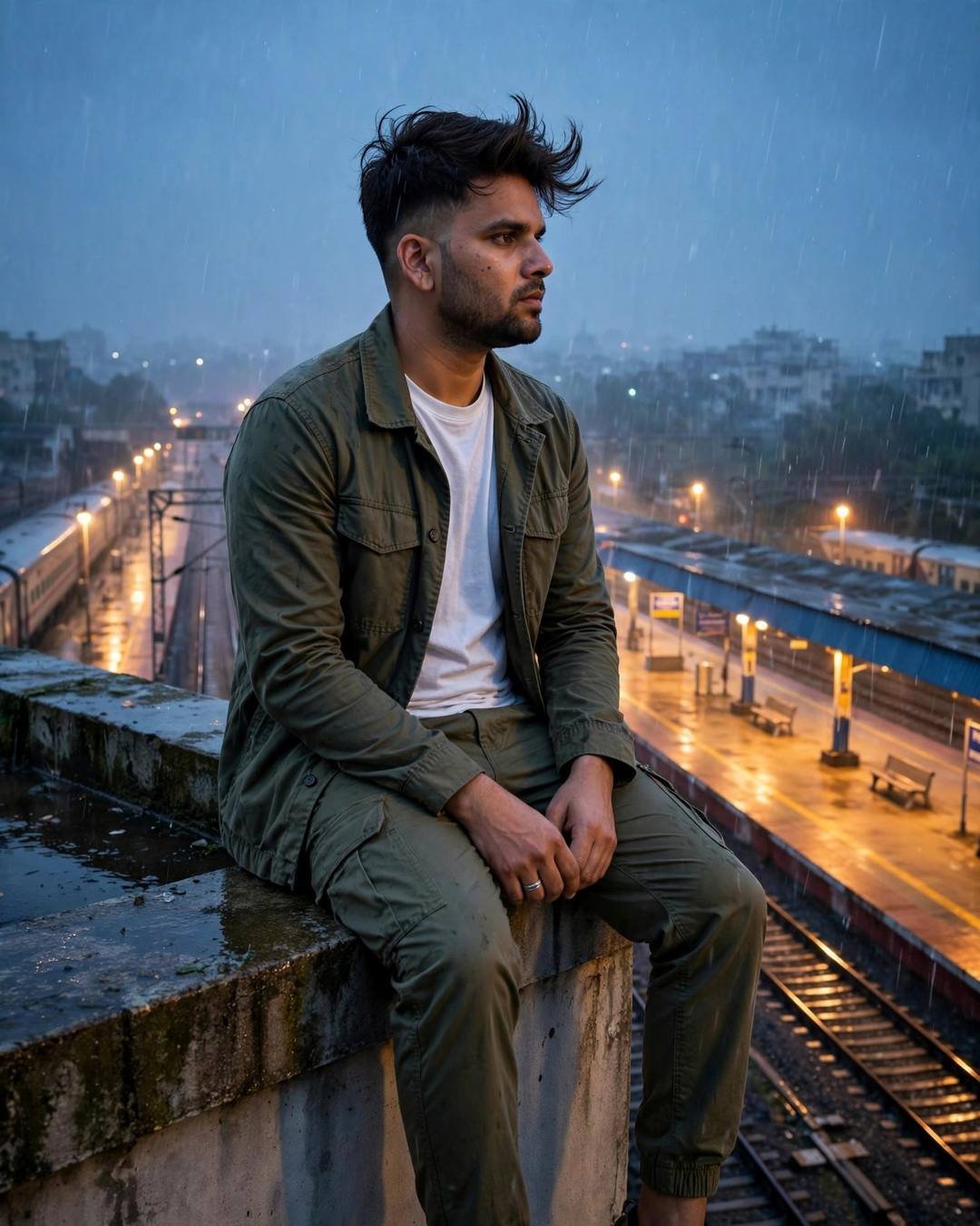 Man in olive field jacket sitting on a rooftop ledge with legs dangling, empty glowing railway platform below at night