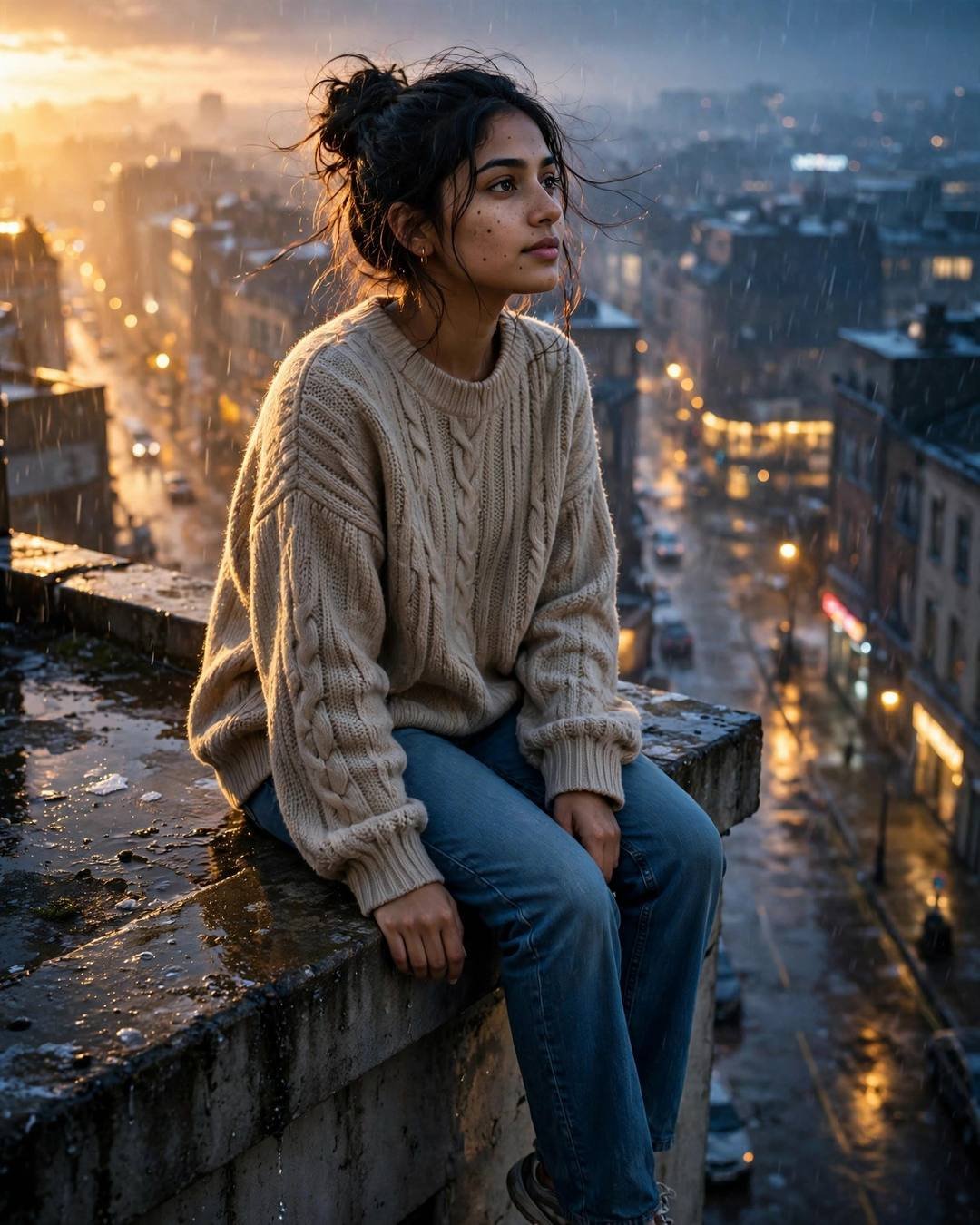 Young Indian woman in a beige sweater sitting on a rooftop ledge with legs dangling, golden hour light