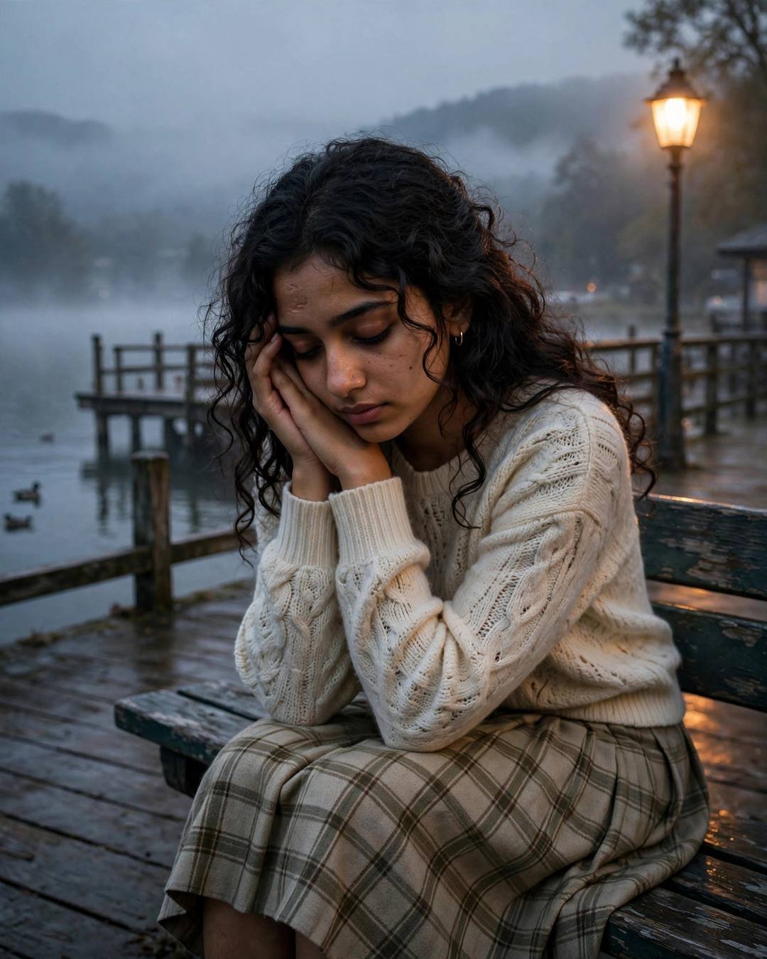Young Indian woman in a cream knit top resting her forehead against cool train glass, misty dawn
