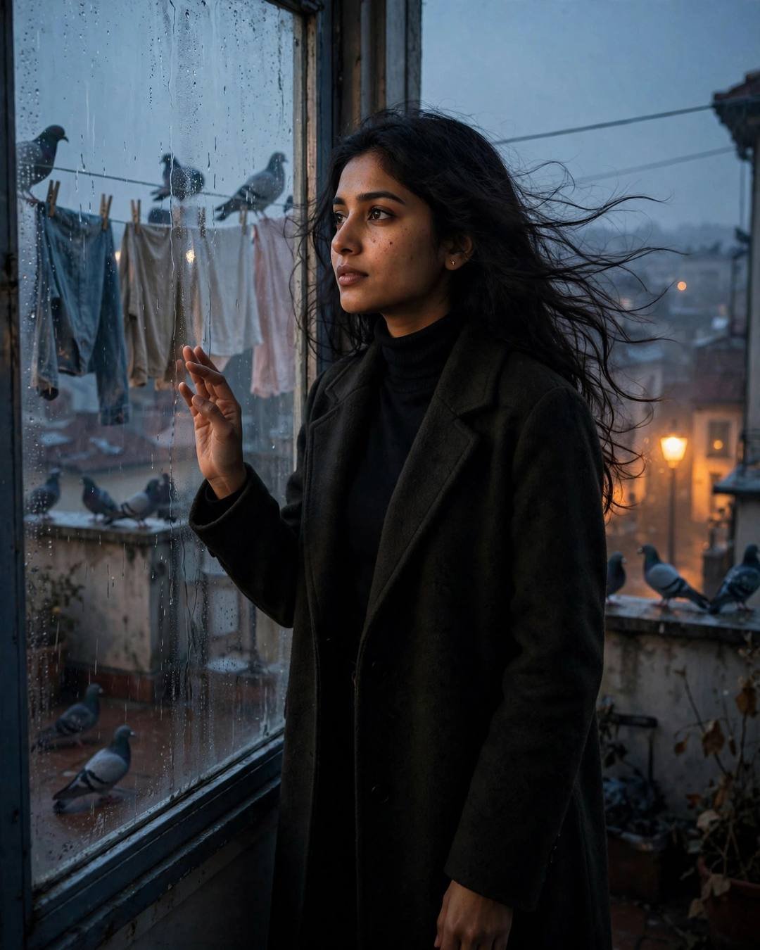 Young Indian woman in a black turtleneck and long coat at a window at dusk, candle glowing, hand on rain-streaked glass