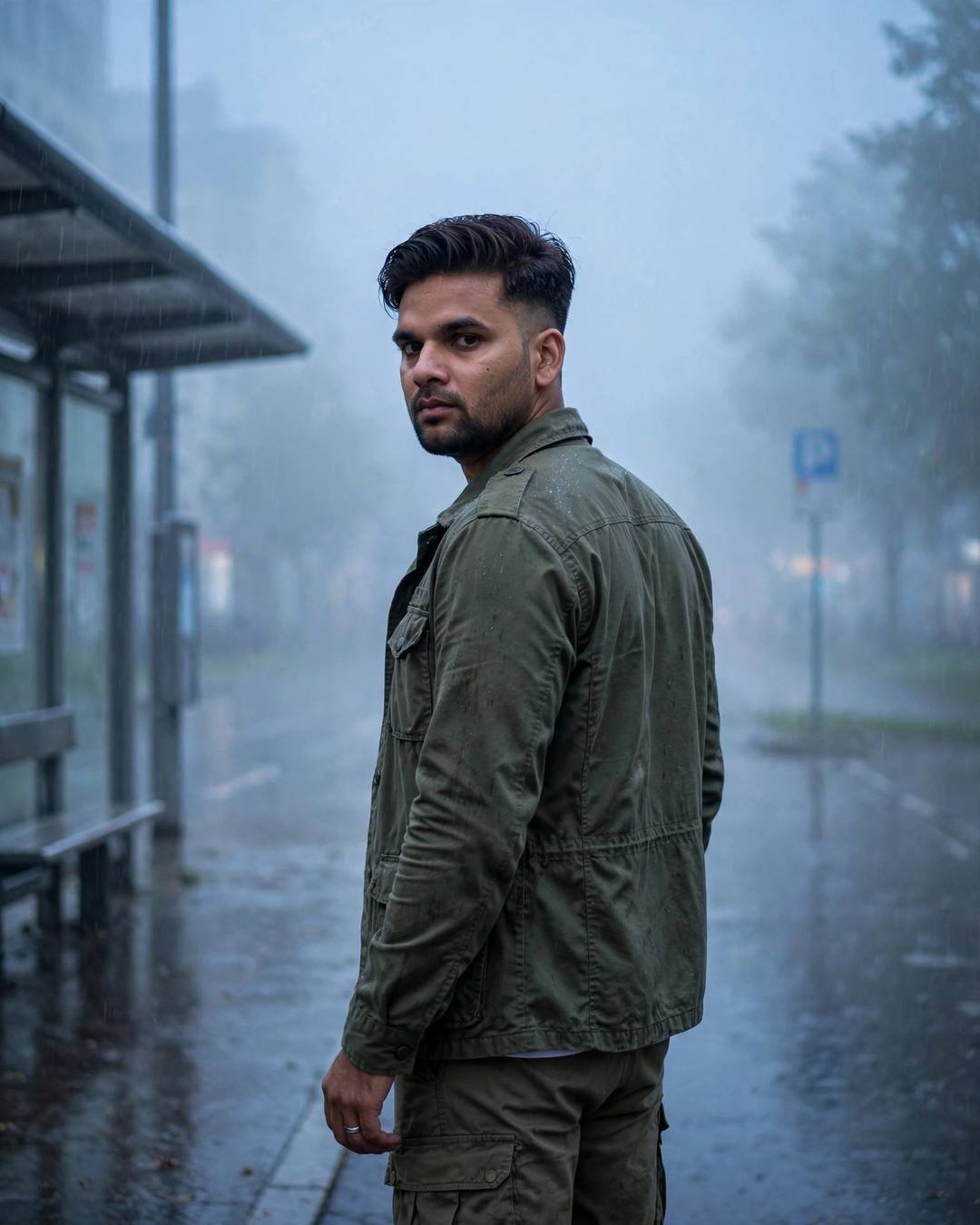 Young Indian man in an olive field jacket at a foggy bus stop, back to camera, glancing over his shoulder in the rain