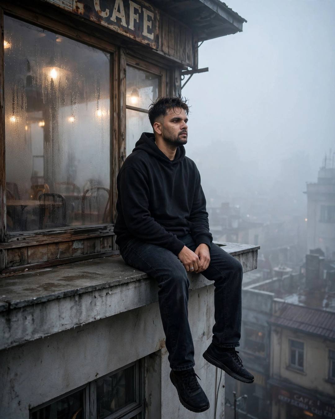 Young Indian man in black sitting on a café rooftop ledge with legs dangling over a fog-covered city at dawn