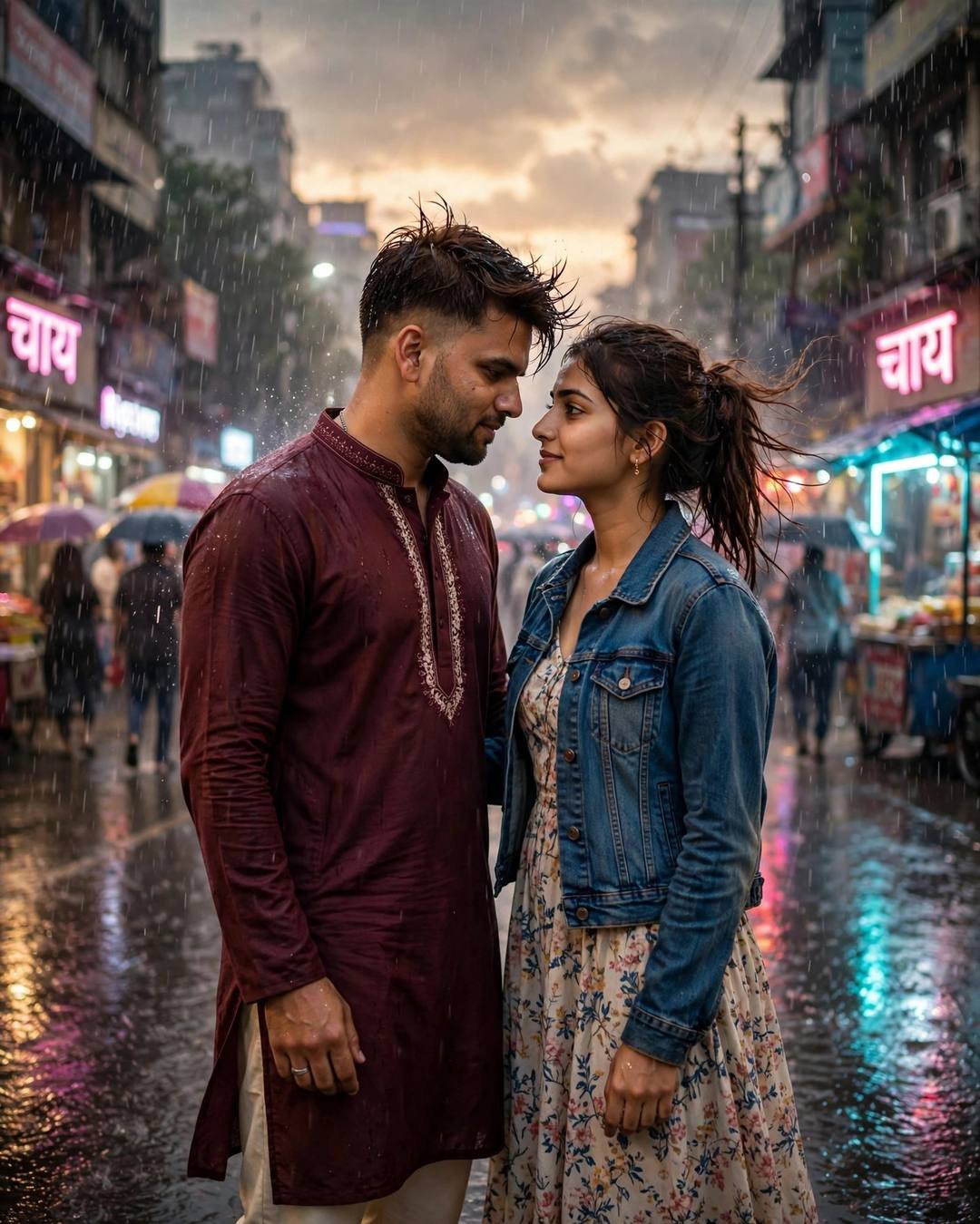 Indian couple face to face in a rainy neon-lit city street, foreheads almost touching