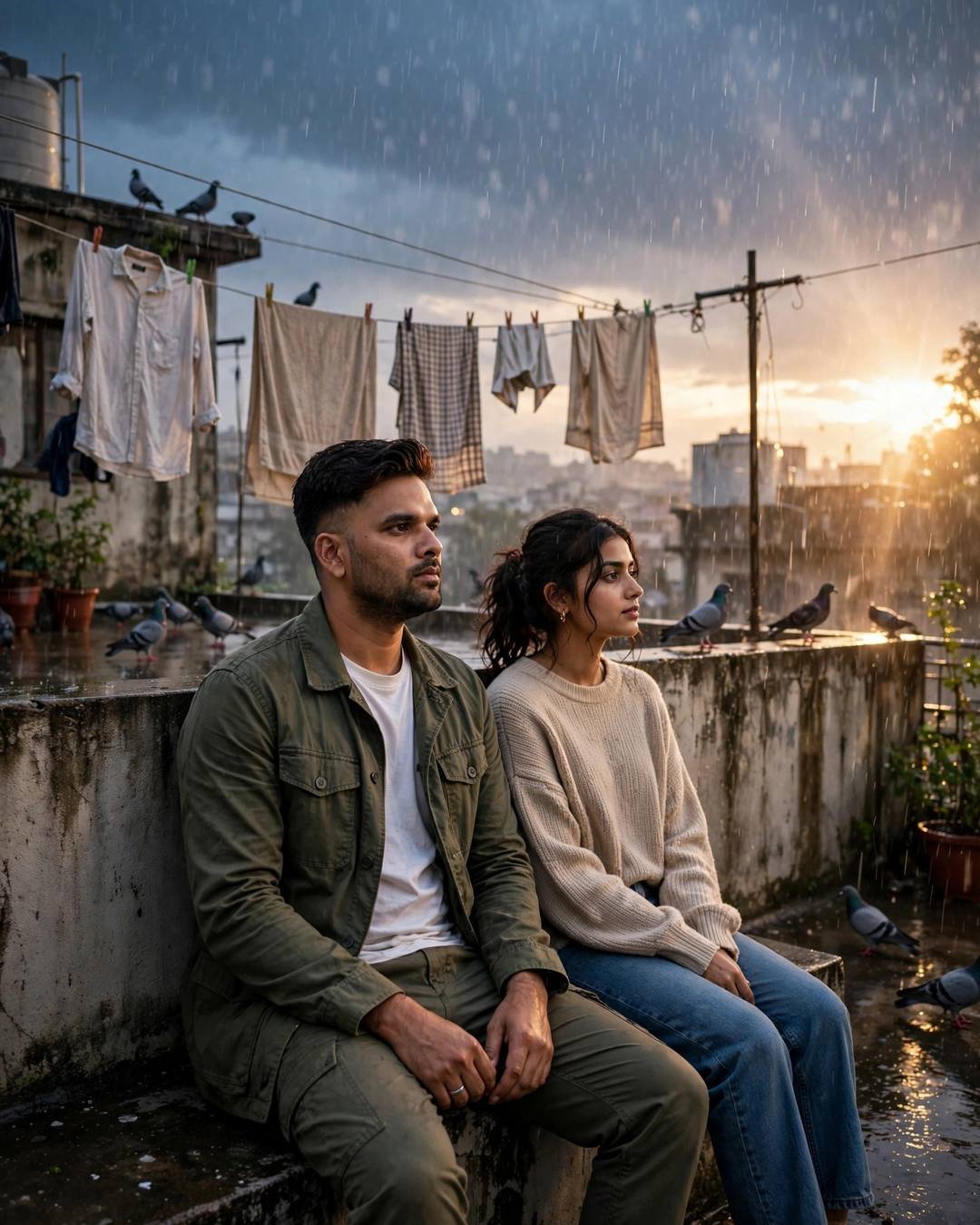 Indian couple sitting apart on a rainy terrace with clothes lines and pigeons, golden light flaring through the rain