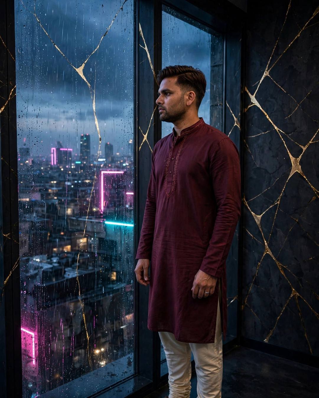 Young man in maroon kurta standing at a rain-streaked window overlooking a neon-lit city at night, gold kintsugi veins on the walls