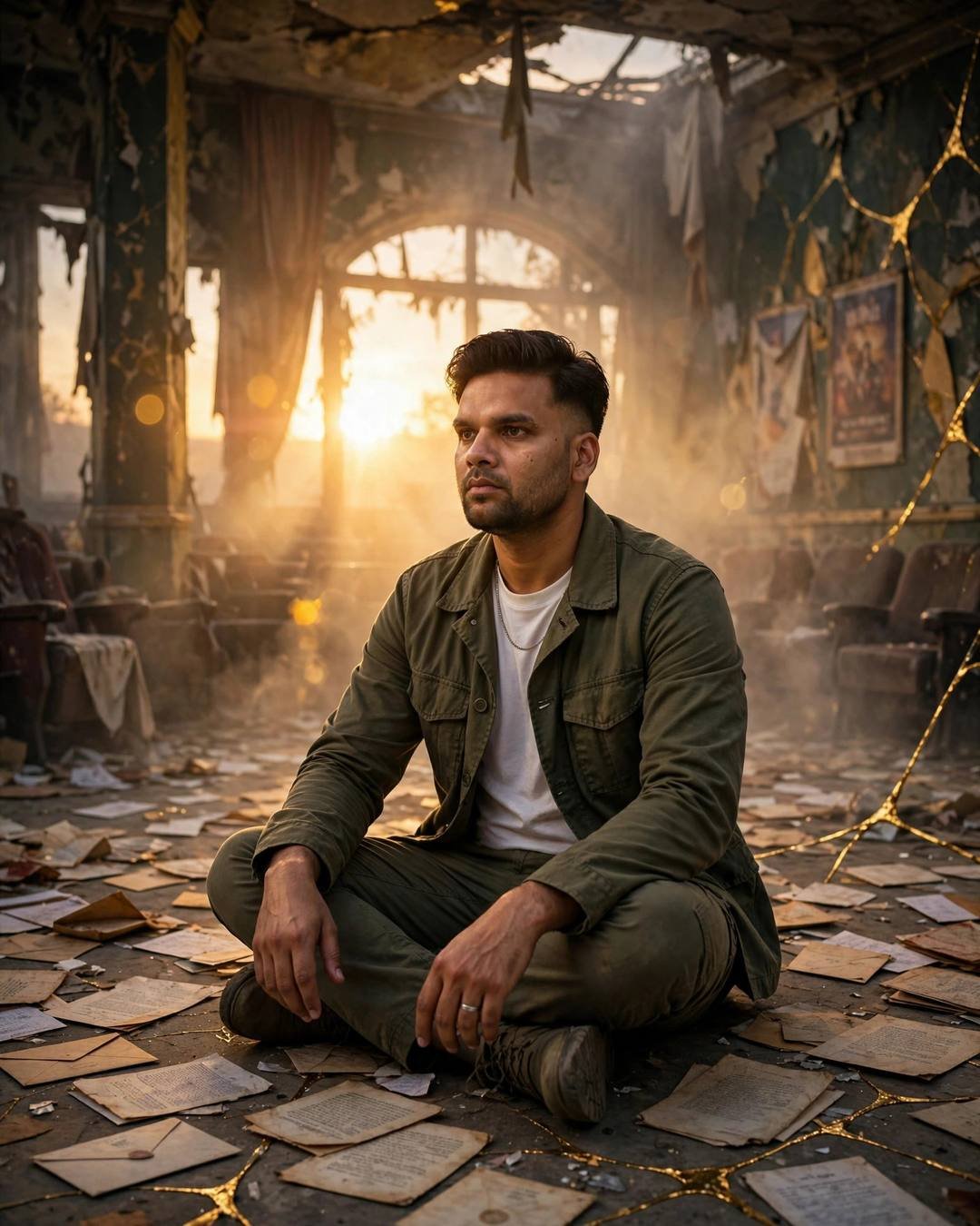 Young man in olive field jacket sitting cross-legged among old letters in an abandoned cinema hall, golden-hour lens flare in fog, gold veins on walls