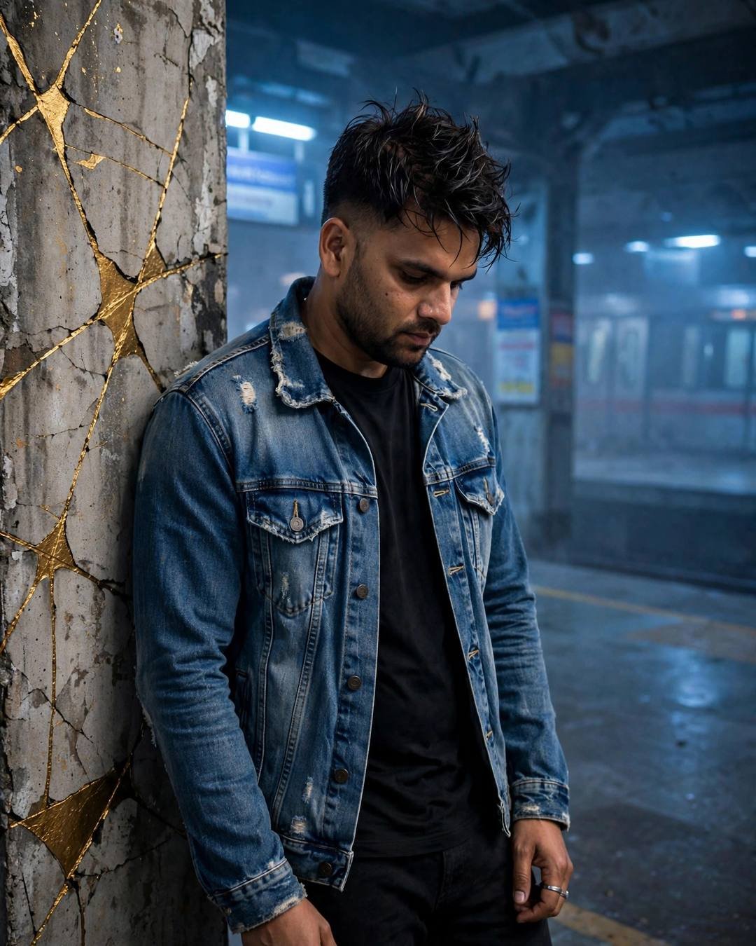 Young man in denim jacket leaning against a weathered pillar with gold-filled cracks at a foggy midnight metro station, head tilted down