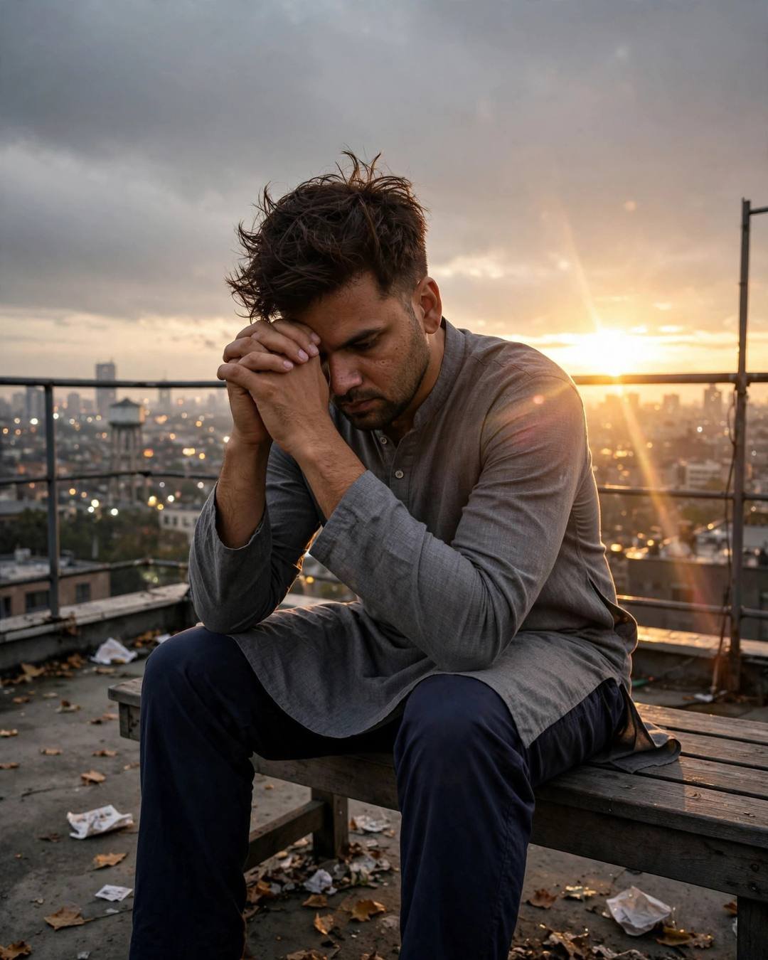 Young Indian man in grey kurta sitting with head bowed on a rooftop at sunset