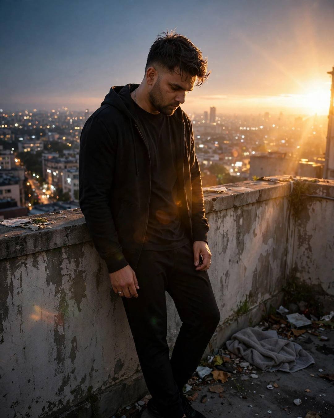 Young Indian man in black leaning against a weathered rooftop wall at golden hour, head bowed