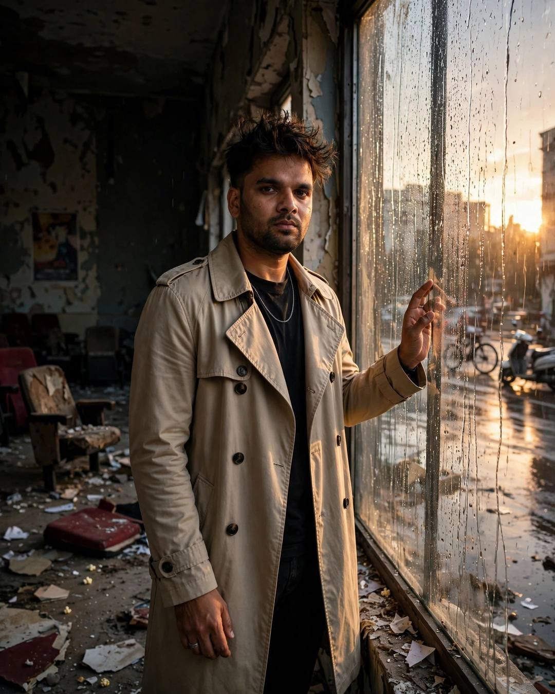 Young Indian man in trench coat standing at a rain-streaked window in an abandoned cinema at golden hour