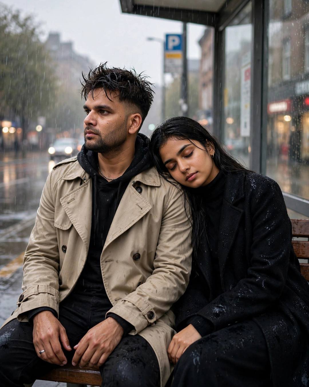 Couple sitting close on a rain-wet bus-stop bench, her head resting on his shoulder, he in a beige trench coat, she in a black coat