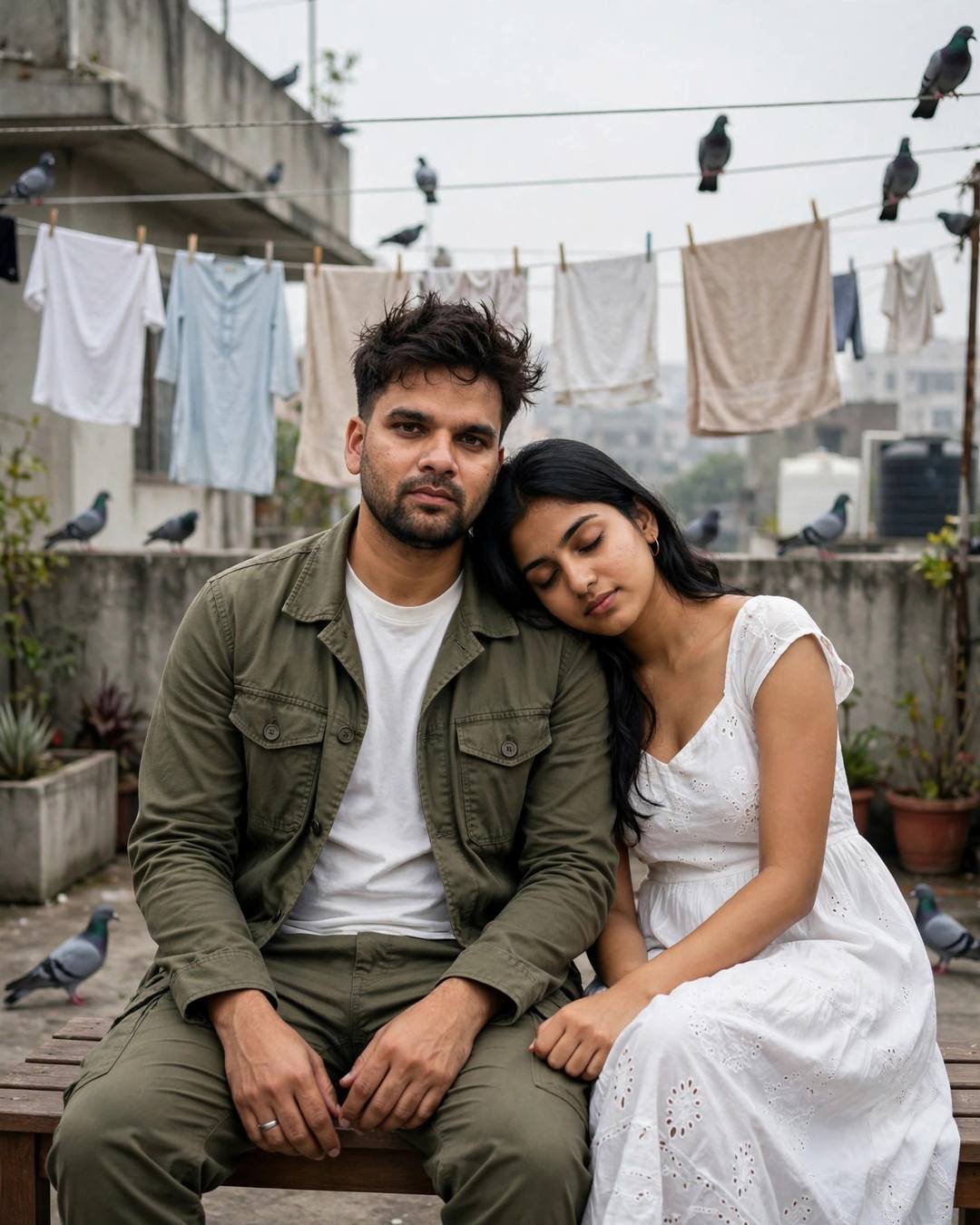 AI-generated cinematic photo of a couple sitting close on a wooden bench on a rooftop terrace, the woman in a white summer dress resting her head on the man's shoulder, pigeons and clotheslines behind