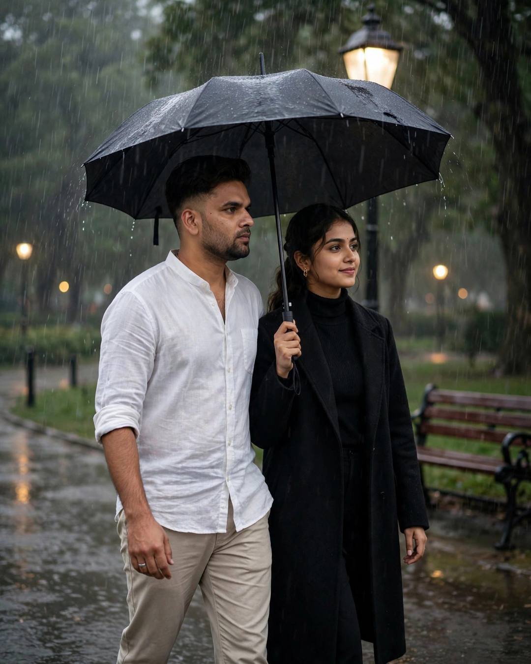 AI cinematic photograph — Down a rain-washed ghat as temple bells