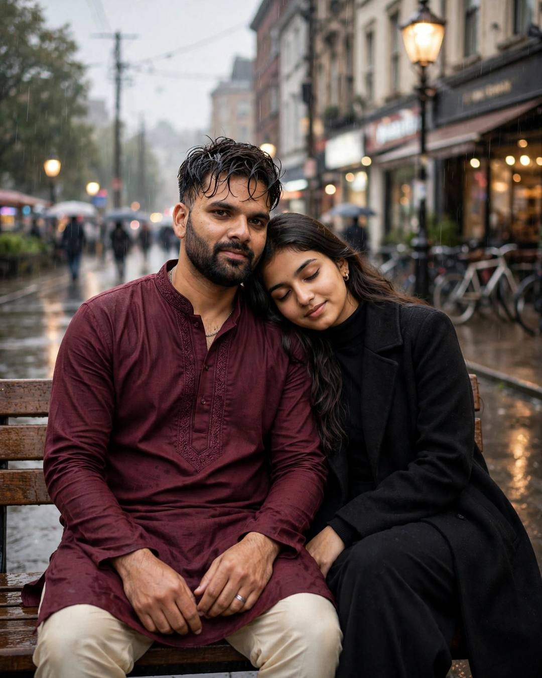 Couple sitting on a bench on a rainy city street, woman's head on man's shoulder