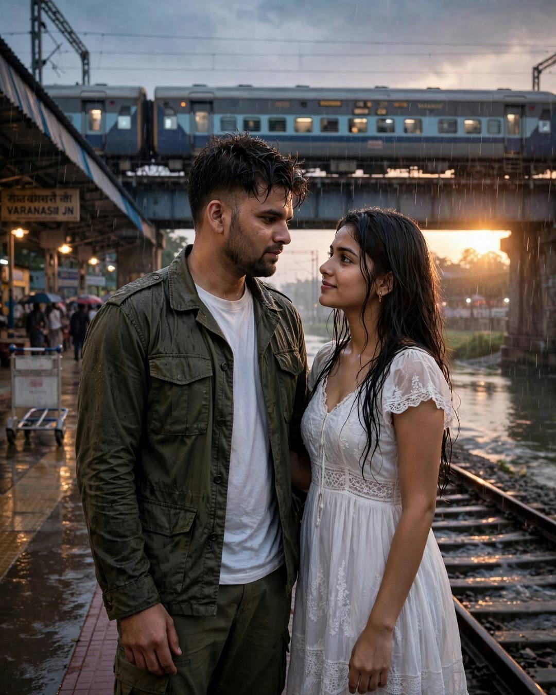 Couple standing close at a rainy riverside railway platform with train passing overhead at sunset