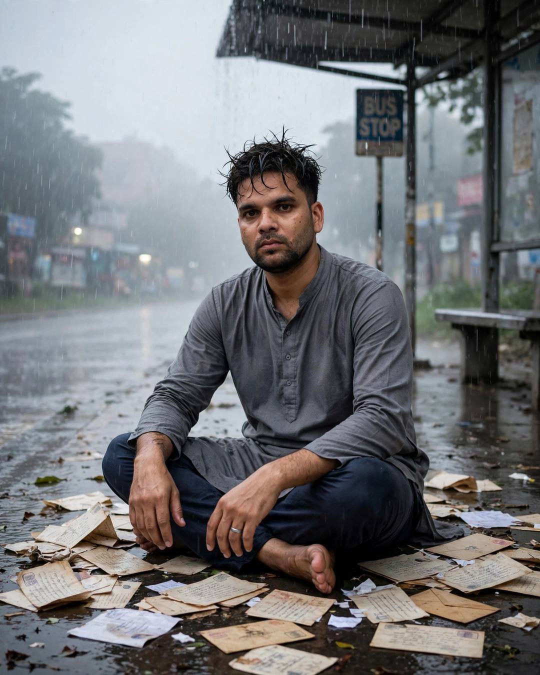 Young Indian man in a grey kurta sitting cross-legged on a wet bus stop floor surrounded by old letters in the rain